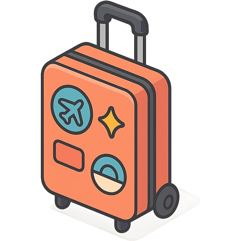 2D isometric illustration of a rolling suitcase with travel stickers, cute and colorful emoji