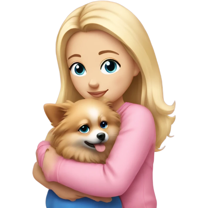 A blonde girl with blue eyes, wearing pink, hugging her pomeranian  emoji