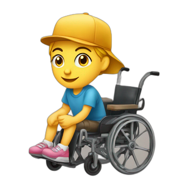 enfant assis sur un fauteuil roulant et sa soeur avec une casquette qui lève les bras en l'air emoji