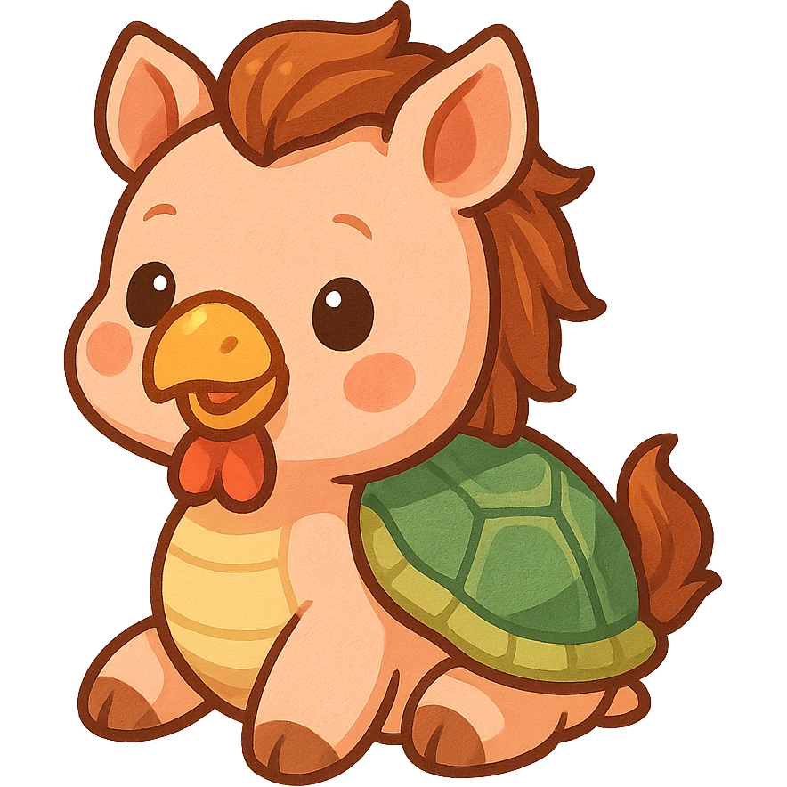 fantasy animal blending pig ears, chicken beak, turtle body, and horse mane, in a creative style, cartoonish, colorful, playful emoji