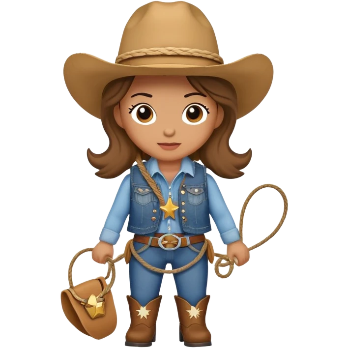 A cuddly cowgirl plush toy with denim vest, cowboy boots and a lasso emoji