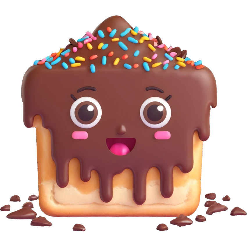 Rectangular chocolate mini pastry, messy chocolate dripping, sprinkles flying, surprised eyes, open mouth, text above: "ПАСТИЧКА", chibi style, Twitch emoji style, transparent background, colorful
 emoji