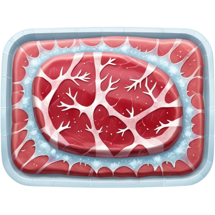 single raw meat cut steak or filet wrapped in thin layer of frosty plastic film with visible ice crystals slightly opaque surface pink to red meat with subtle marbling stiff edges frozen solid no tray no label no extras soft lighting subtle shadows emoji scale emoji