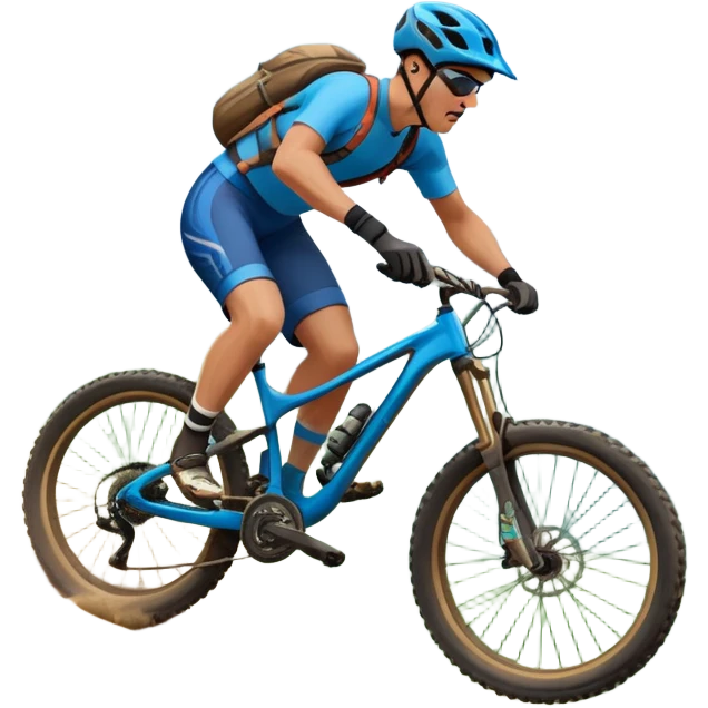 An icon featuring a mountain bike with thick tires on a rugged trail. A cyclist in a helmet rides downhill, kicking up dust. The background showcases a breathtaking mountain landscape with green slopes, rocky peaks, and a bright blue sky. Transparent background emphasizes adventure and speed emoji