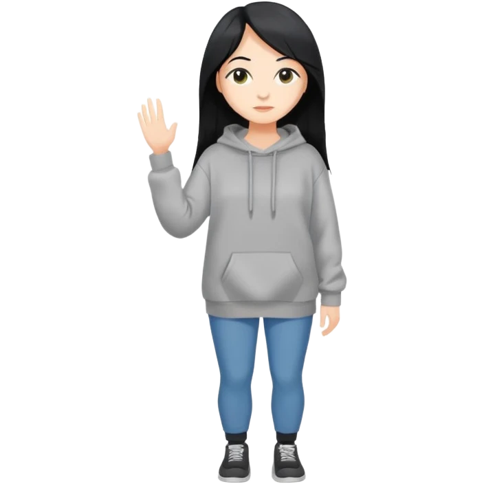 full-body female avatar, flat vector, long black hair, oversized sweatshirt, neutral background emoji