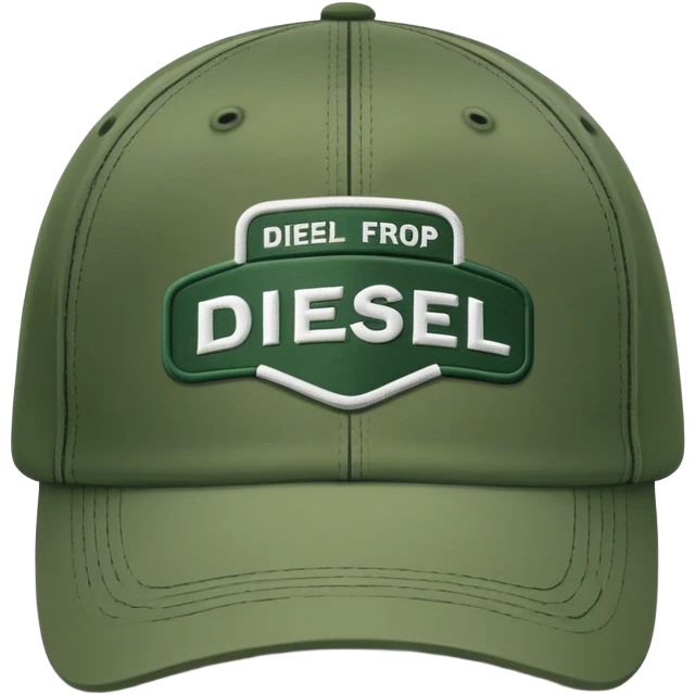 Deep army green Diesel cap, isolated hat with white handwritten Diesel text and the brand's logo below it, no human emoji