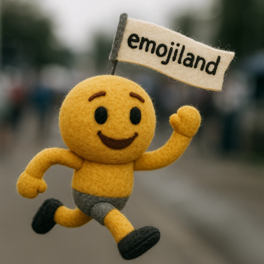 happy runner waving a flag that says 'emojiland' emoji