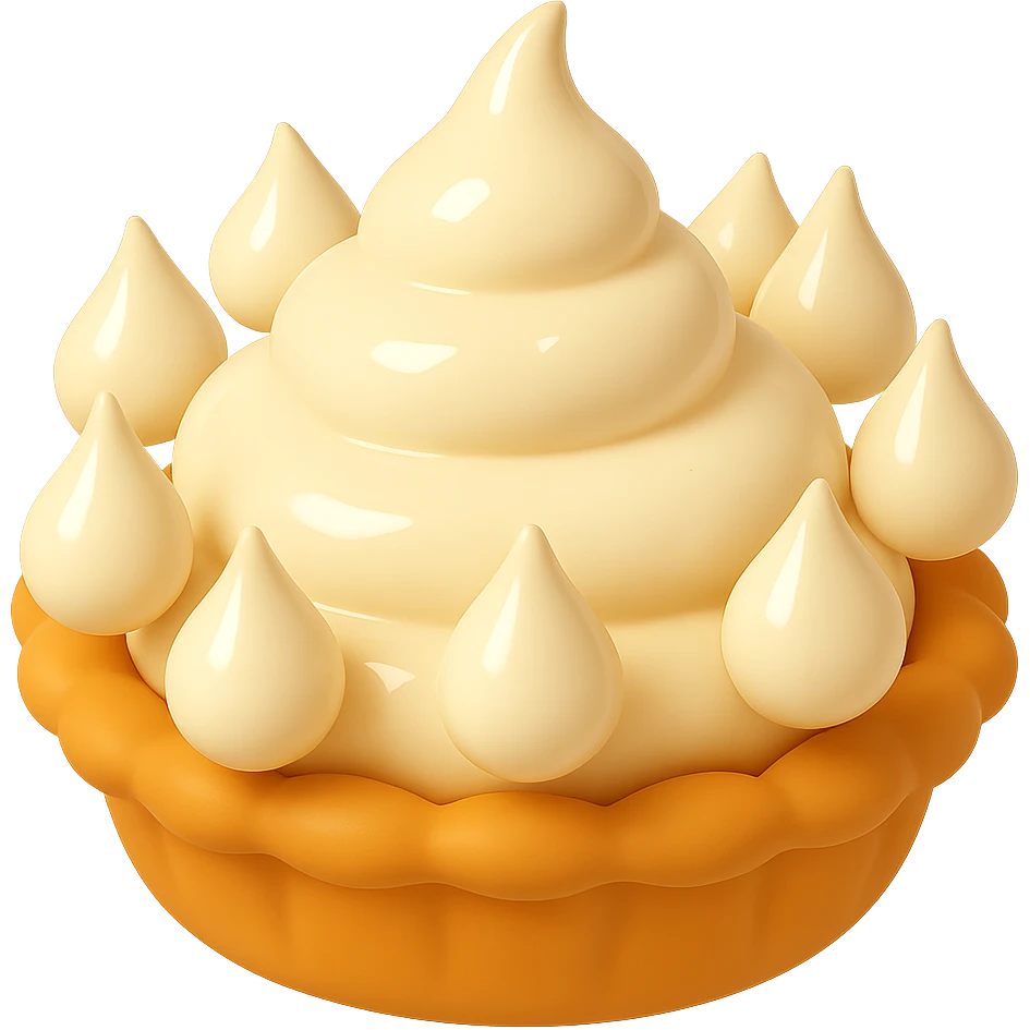 Frame 9 of 15: Cream pie with eight cream droplets, playful 3D emoji style, golden brown crust, same angle as reference emoji