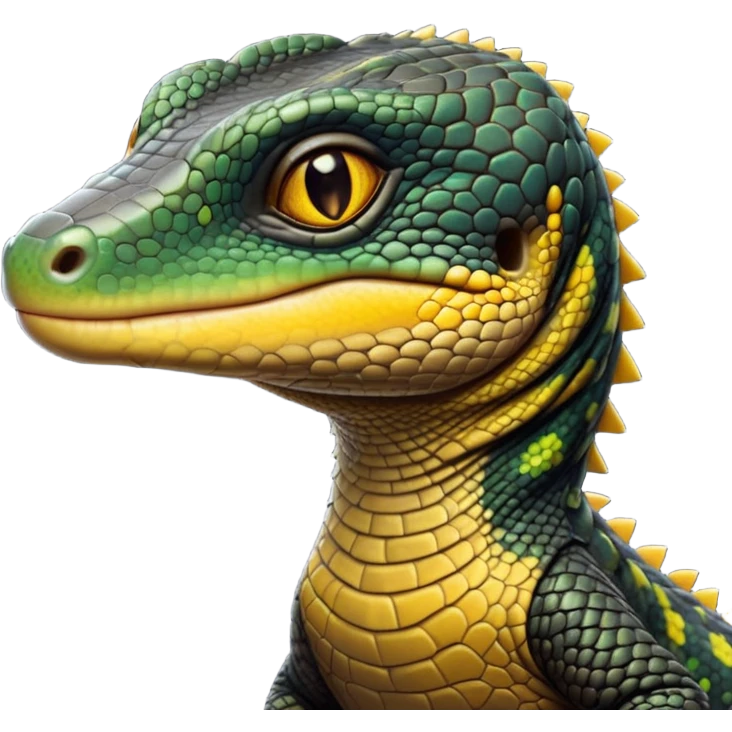 cinematic-realistic-cute-monitor-lizard-portrait-emoji,-head-tilted-playfully-and-inquisitively,-featuring-a-compact,-agile-body-with-finely-detailed,-glossy-scales-in-earthy-black and yellow-hues-and-a-distinct,-alert-face-with-bright,-curious-eyes, black , yellow spotted and green band  scales and a slender neck emoji