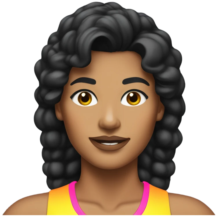Tanned woman with black hair dressed in 1980s fitness hair, makeup, and neon attire  emoji