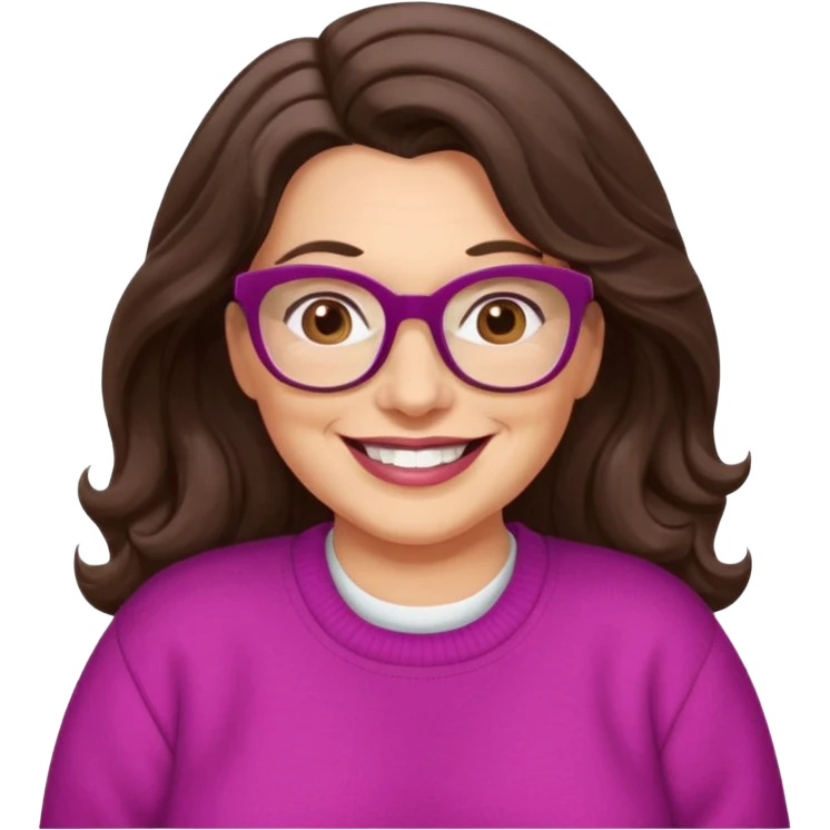 50 yr Caucasian woman, long dark brown hair parted on side, brown eyes, brown glasses, big smile, white teeth, fuscia sweater, chubby, wavy hair emoji