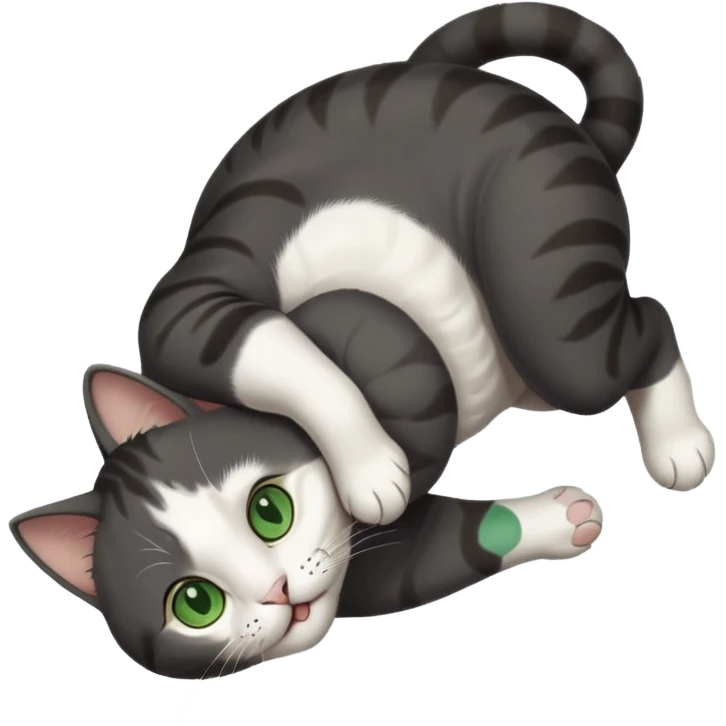 beautiful female solid dark grey cat with green eyes, white toes/paws and white patch on her chest playfully rolling upside down emoji