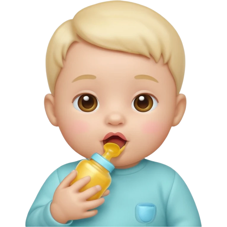 Apple-style 3D emoji of a cute baby sucking on a pacifier or drinking from a baby bottle, round face, soft pastel colors, cheerful and gentle expression, clean white background emoji