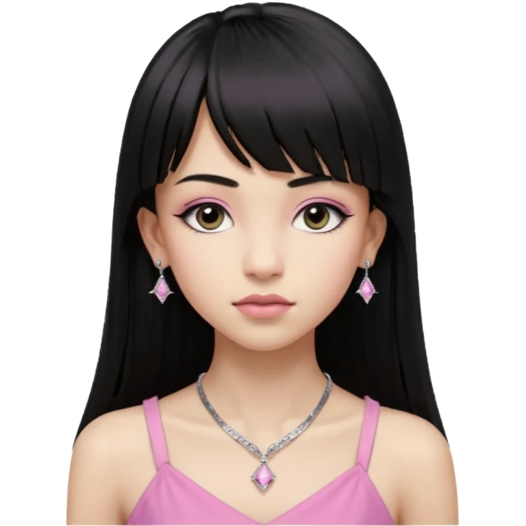 Cabelos pretos longos lisos ,com franja curvada .olhos pretos puxadinho para cima. Cílios longos curvados. Pele clara ,nariz pequeno ,lábios carnudos ,adolescente 16 anos ,vestido rosa de alça, colar pequeno prata ,brinco de diamante pequeno  emoji