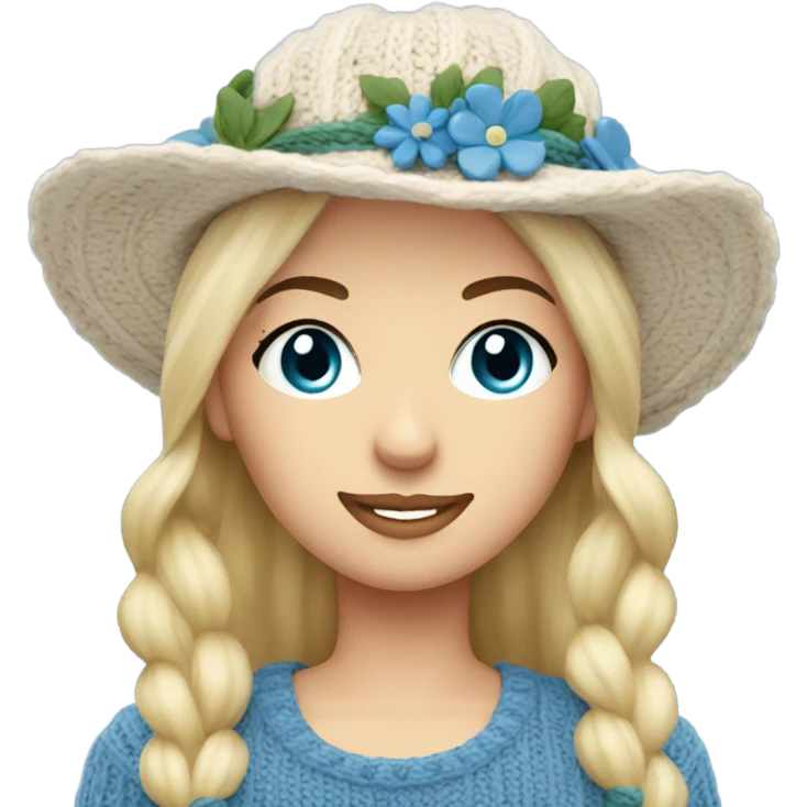 beautiful finnish blonde woman with blue eyes knitting floral hat emoji