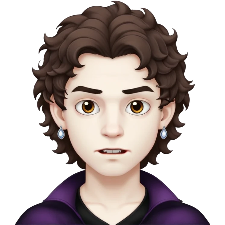 vampire teen boy with pure white skin, wavy medium brown fluffy hair, eyebrown piercing and zirconia earrings emoji