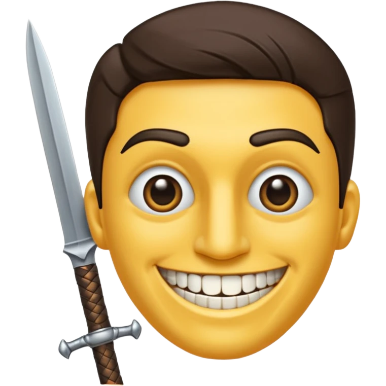 Haz que tenga una sonrisa epica una cicatriz en el ojo serrado y una espada entre los dientes y dos más a cada lado. emoji