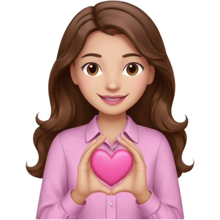 girl with wavy long brown hair, brown eyes, light to medium complexion, long lashes, light pink lipstick, wearing light pink shirt, smiling, hands holding a pink heart emoji