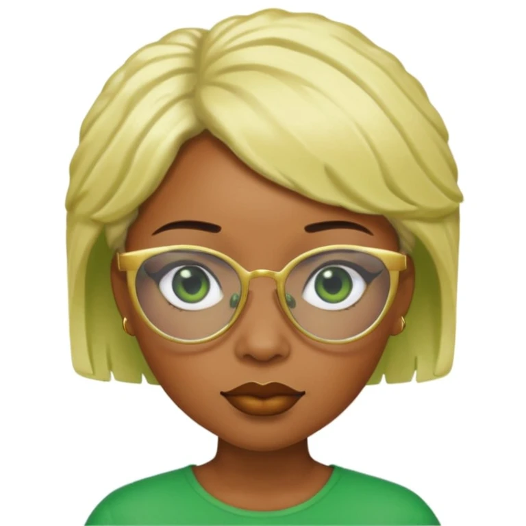 Caramel skin black woman 52 with green glasses that have gold edges and very blonde hair that’s very short but still puffy and small emoji