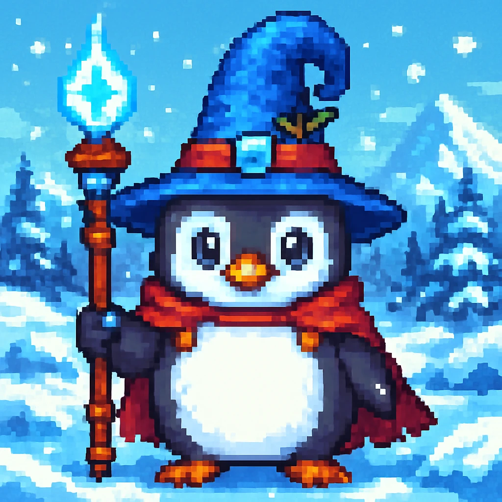 Add a snowy landscape background behind the pixel art penguin wizard, keep all original colors and style. Make it pixel art style. emoji