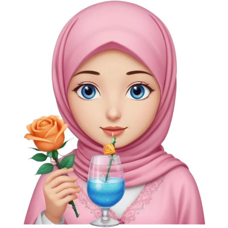 Turkish beautiful finish Konya girl blue eyes with light pink hijab islamic dress and had on her hand Glittery rose mocktail with orange light pink roses emoji