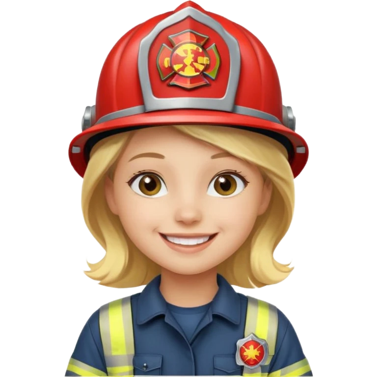 Young blonde girl, firefighter helmet, smiling brightly emoji