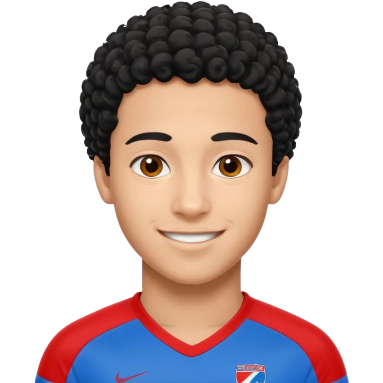 Lamine Yamal, young footballer, short curly hair, smiling, blue and red jersey, simple background emoji