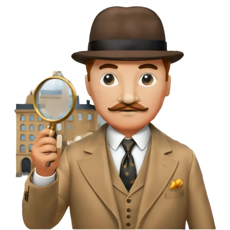 A cinematic-style frame showing Hercule Poirot in his iconic suit with a magnifying glass in a dramatic detective pose. Background should be mysterious city background and subtle clues like fingerprints or a crime scene. Transparent background. emoji