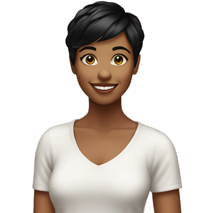 young pretty woman short pixie cut smiling, black hair emoji