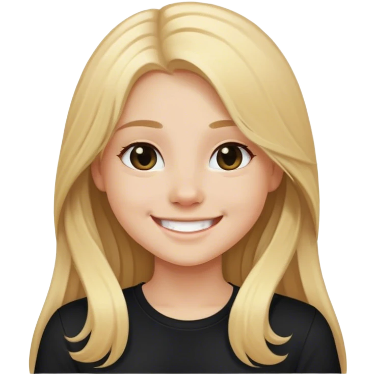 Girl with long blond hair smiling with black shirt emoji