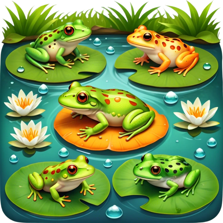 Icon for Amphibians: A colorful collage with various amphibians like a bright green frog sitting on a lily pad, a small salamander with orange spots, and a toad with bumpy skin. Water droplets around them and a pond in the background. Transparent background. emoji