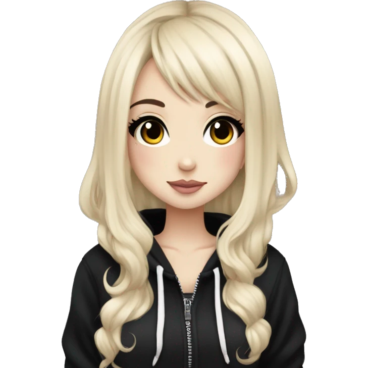 hime gyaru girl, tattoos, pale skin with black hair, dark makeup, black hoodie emoji