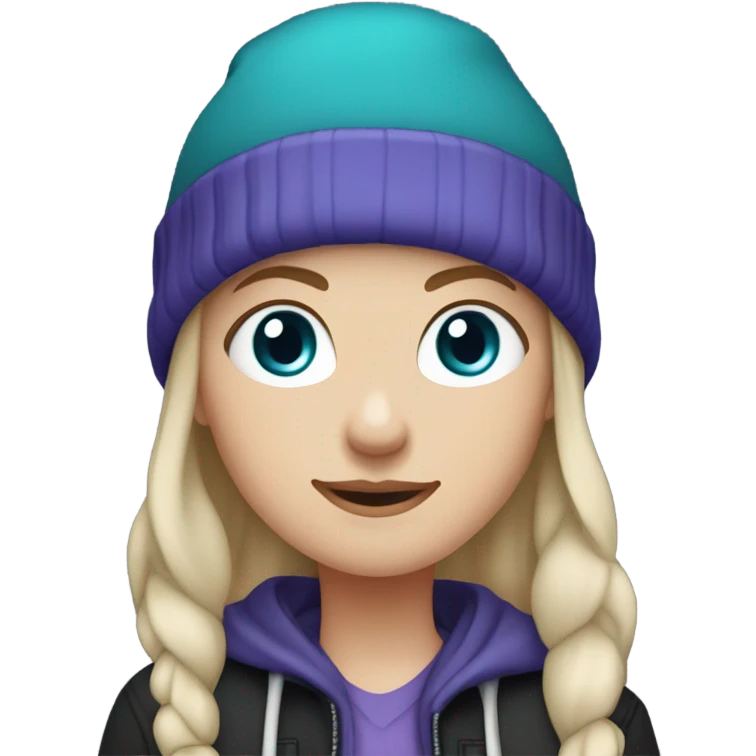 White girl, blue eyes, long teal hair, purple beanie hat, black hoodie, blue jeans, black shoes emoji