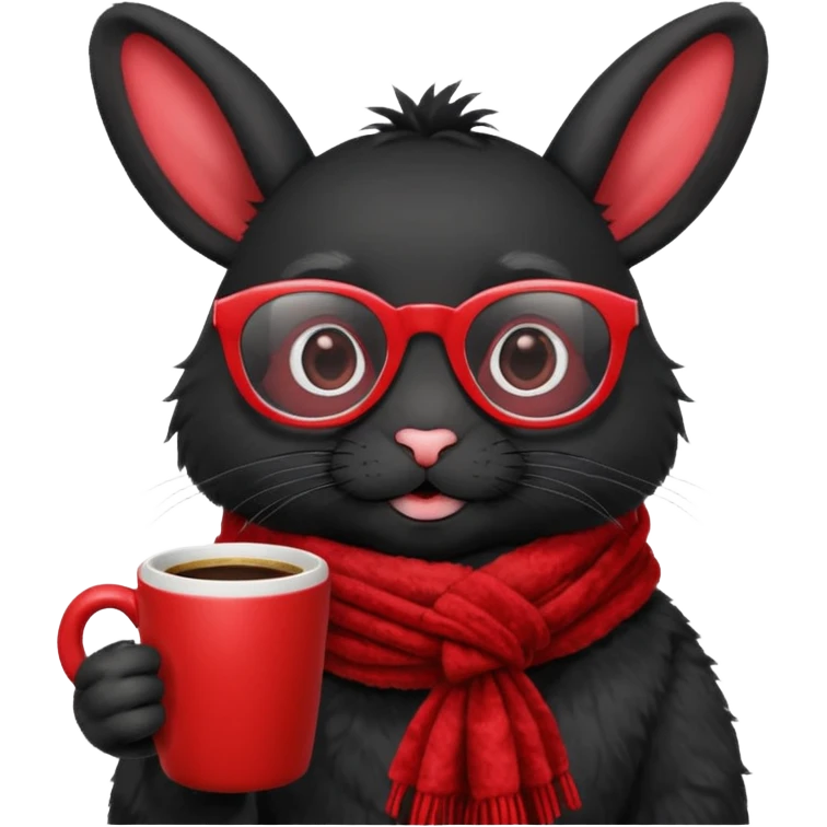 Black rabbit, wearing red glasses, red scarf, holding coffee mug
 emoji