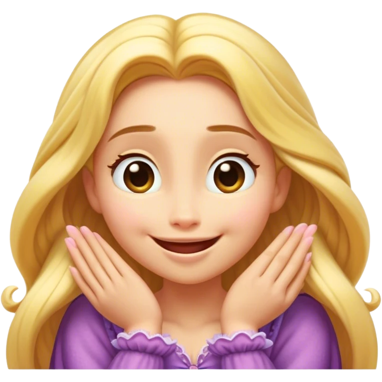 Cinematic Playful Rapunzel Portrait Emoji, Giggling as Pascal sits atop her head, hands cupped over her mouth in a moment of pure joy, her radiance shining through, utterly enchanting! emoji