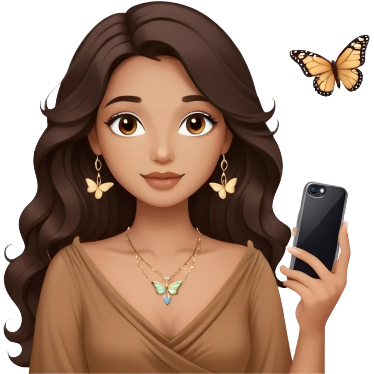 A girl with long dark wavy hair, soft glam makeup, wearing a brown top with a draped neckline, natural glowing skin, and a small delicate necklace. Calm and elegant expression, holding a butterfly-decorated phone case while taking a selfie emoji