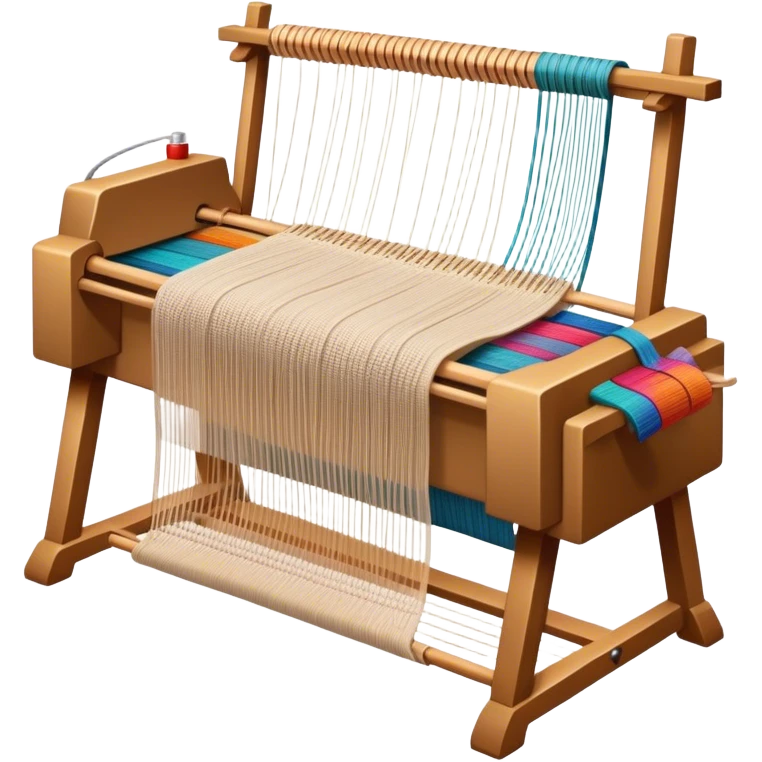 Create an icon that represents the hobby of weaving. The design should include a loom, threads, and a partially woven fabric, along with a piece of colorful fabric and sewing patterns. Include a representation of finished clothing, like a simple shirt or dress, made from the woven fabric. The composition should feel balanced and harmonious, reflecting the creative and intricate process of weaving and sewing. The background should be transparent. emoji