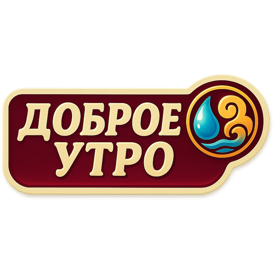 elongated horizontal banner with text 'Доброе утро', retro sticker style, burgundy background, beige letters, concise feng shui ornament with water and wind elements, soft shadows, transparent background emoji