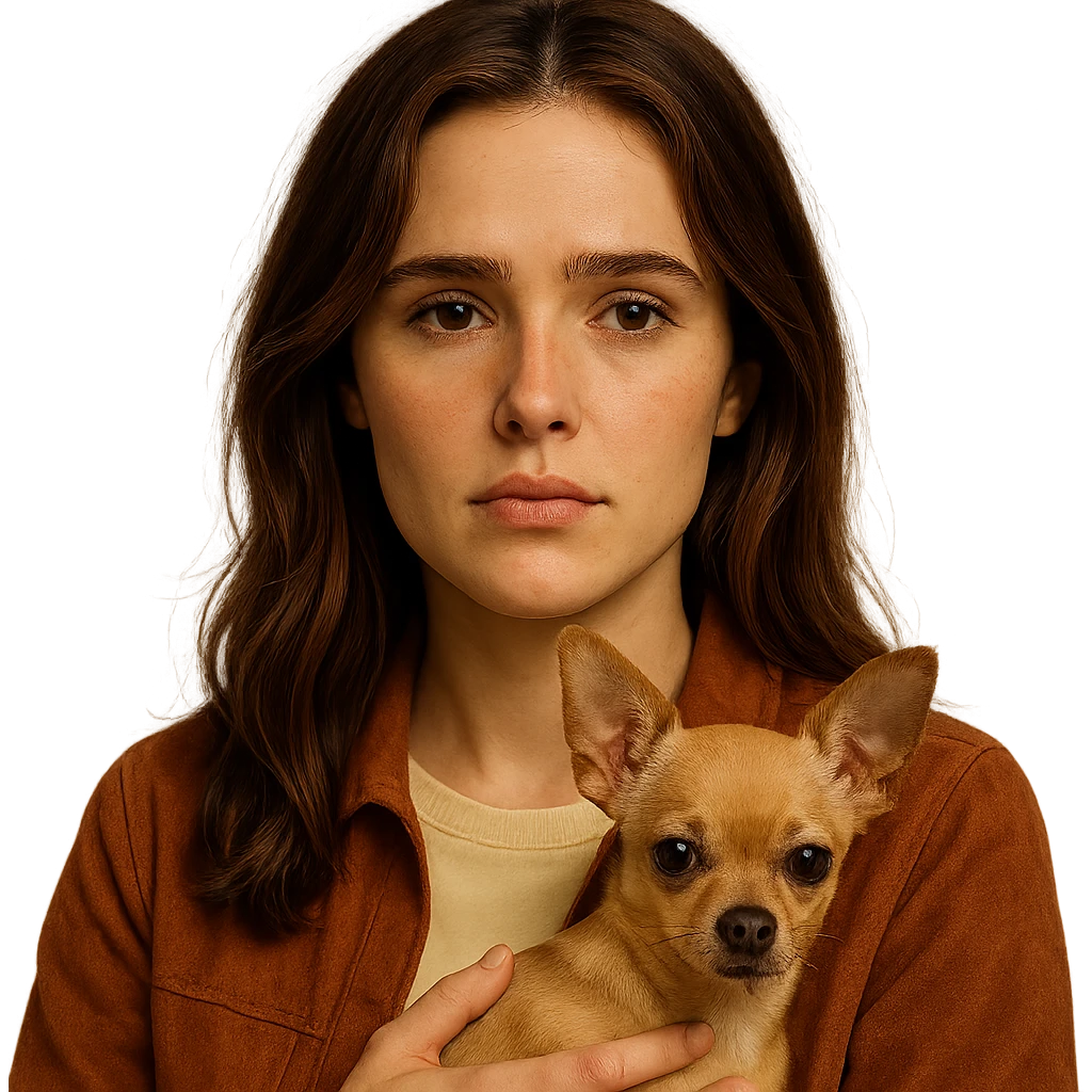 Portrait centered for Instagram profile picture, inspired by facial features visible in the reference images of Zoe Deutch, tanned complexion, subtle freckles, shirt color #FFF8CA, rust-colored jacket, medium-length brown hair with auburn highlights, pensive and melancholic expression, holding an expressive and cute beige-brown chihuahua, Netflix series style, transparent background, intimate and expressive atmosphere inspired by Tenerife. emoji
