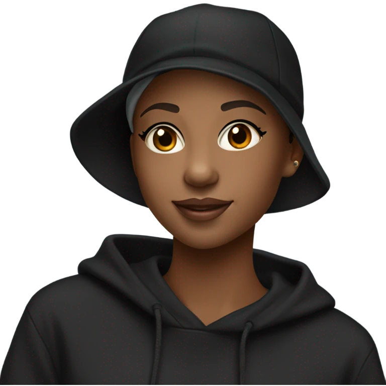 pretty african american girl with black baseball hat and black sweatshirt hoodie pixie cut with laptop emoji