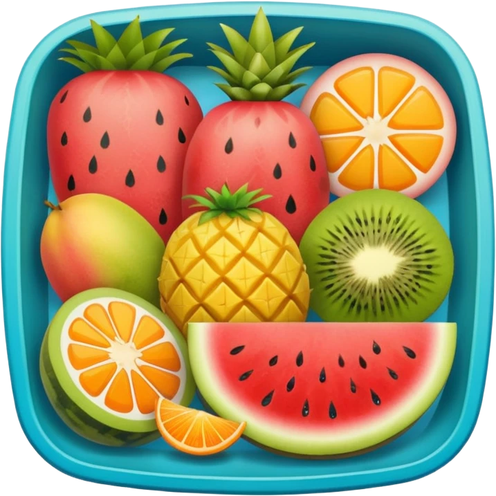colorful fruit platter in a square container featuring watermelon, strawberry, mango, kiwi, orange, cantaloupe, and pineapple emoji