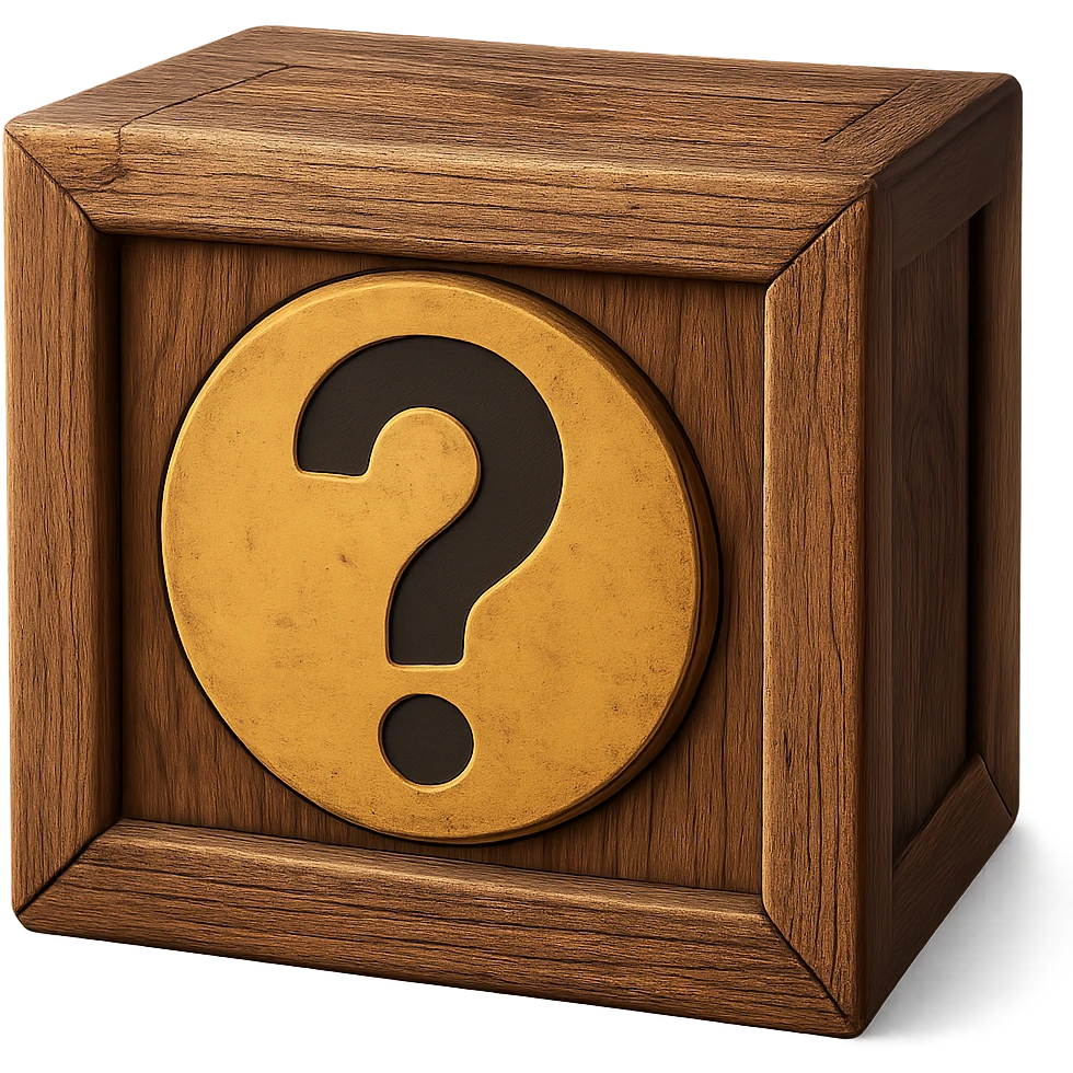 Realistic wooden crate with detailed wood texture, shading, and a three-dimensional effect. A clearly visible question mark on the crate. No background. Variant 1. emoji