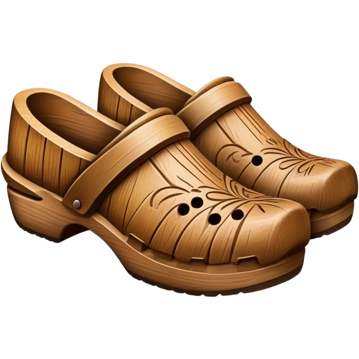 Cinematic Realistic Wooden Clogs Emoji, depicted as a pair of traditionally carved weathered wooden clogs with intricate details and rustic charm, rendered with rich textures and warm natural lighting that captures their cultural heritage. emoji