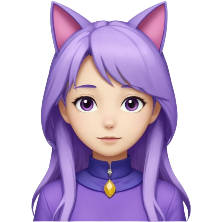 female anime character with long periwinkle hair and cat ears on her head. She is wearing a purple outfit with a high neckline and long sleeves.  emoji