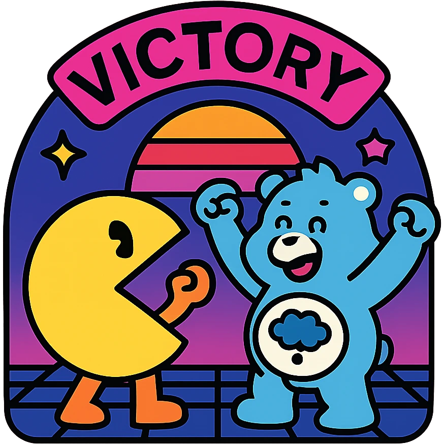 Care Bears and Pacman celebrating victory under a neon sky, 80's sci-fi party emoji