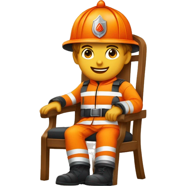 Jeune sapeurs pompiers en tenue de feu casque orange sur une chaise qui sert la main à une personne  emoji