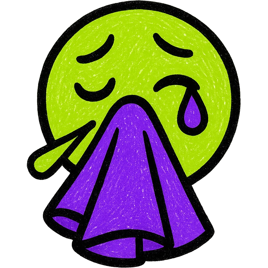 Combination of 🤧 and 🥲 emojis, green and purple emoji
