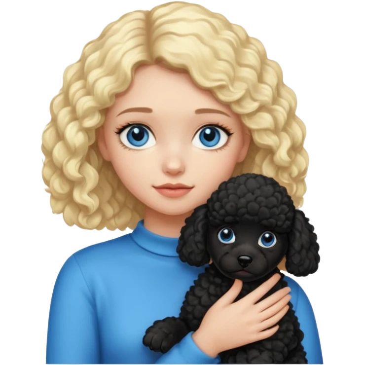 blonde girl with blue eyes holding black puppy poodle emoji