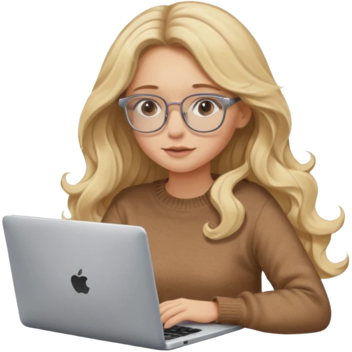 blonde girl with long dark blonde wavy hair, pantos-style glasses, a brown sweater, sitting and looking in laptop, soft pastel, upper body shot emoji