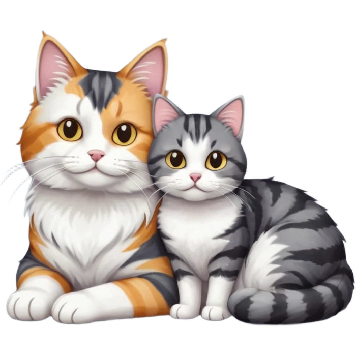 full body colourful light patched calico + white tabby cat cuddling a bigger cat that is dark grey and white tabby cat  emoji